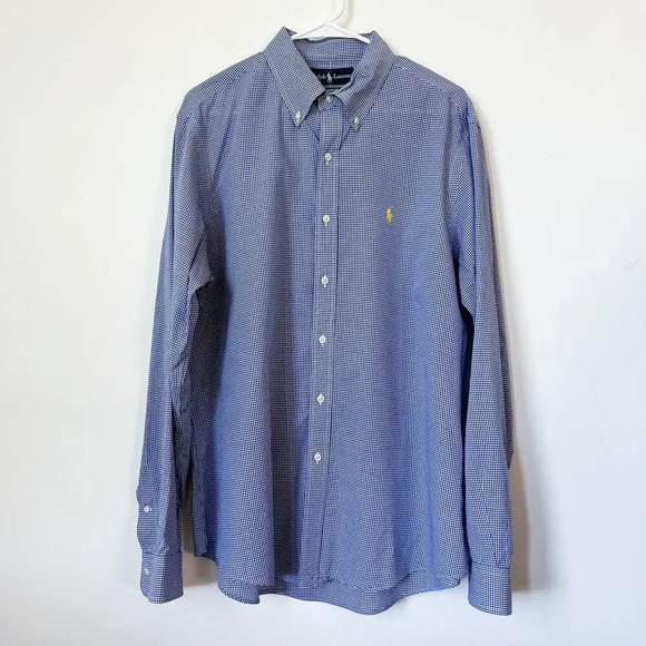 Ralph Lauren Custom Fit Blue Gingham Vichy Check Button Down Yellow Pony Large - Picture 1 of 12